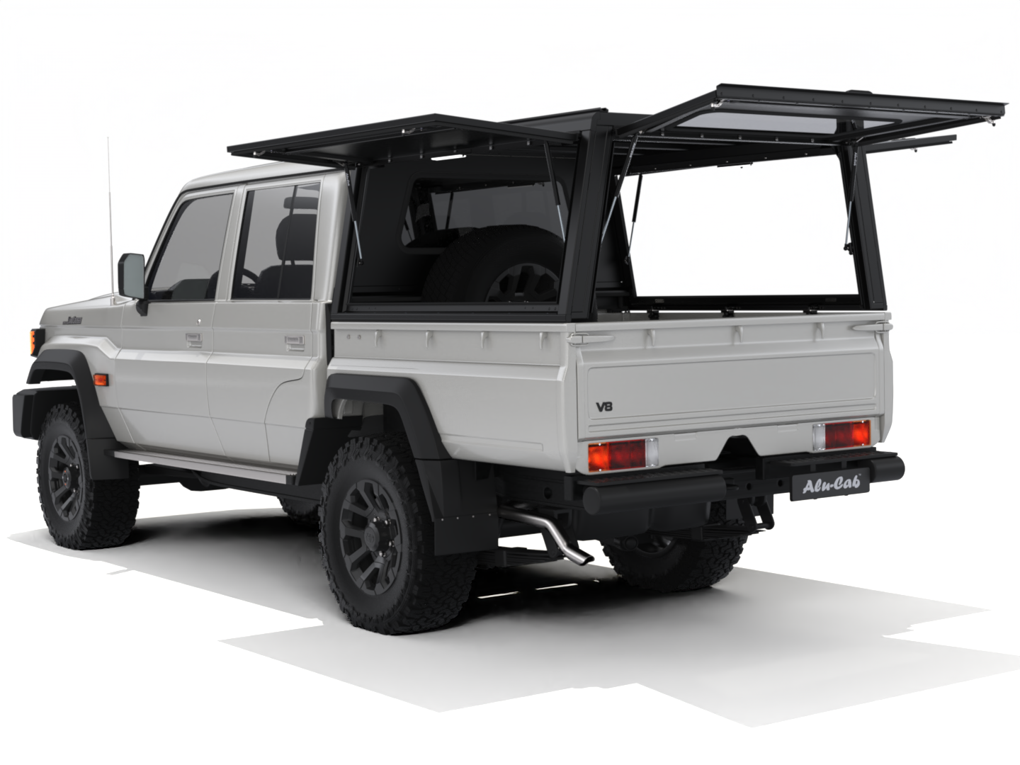 Hardtop Alu-Cab Explorer 3 pour Toyota Land Cruiser 79 Double-Cab, en aluminium robuste, vue de côté avec fenêtres et porte.