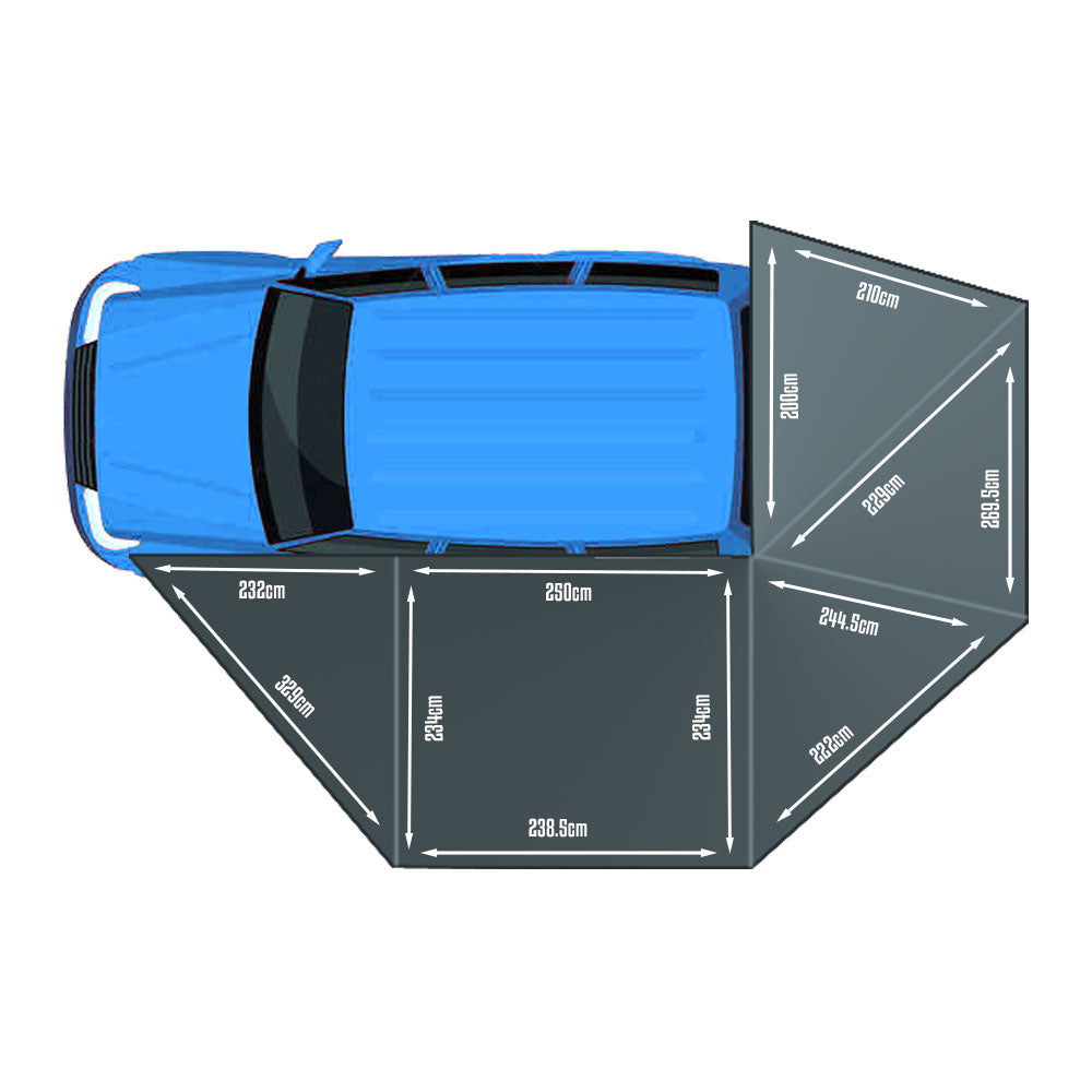 Auvent autoportant BULLFACE 270° XL Overland, modèle 470 Droite, installé sur un véhicule, avec structure robuste et couverture large.