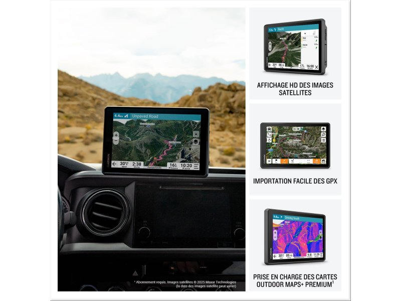 GPS GARMIN Tread 2 Overland Edition installé dans un véhicule, aperçu des fonctions de navigation