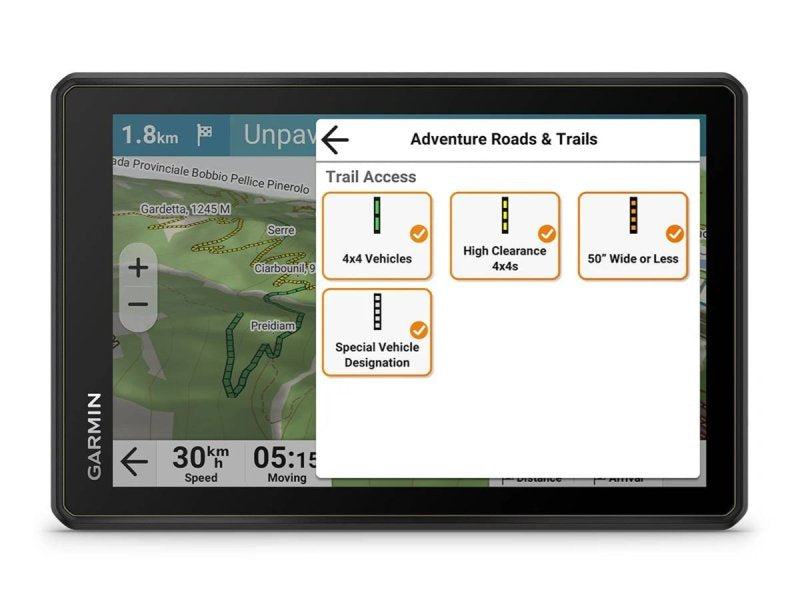 Écran du GARMIN Tread 2 Overland Edition, menu Adventure Roads & Trails