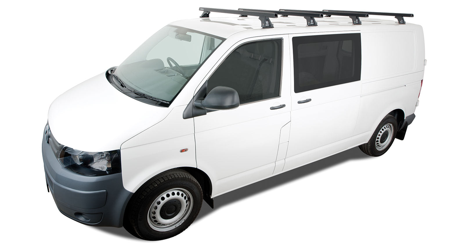 Kit de 4 barres de toit Heavy Duty 1500mm pour VW T5/T6, marque RHINO-RACK, avec fixation robuste pour chargement aérien.