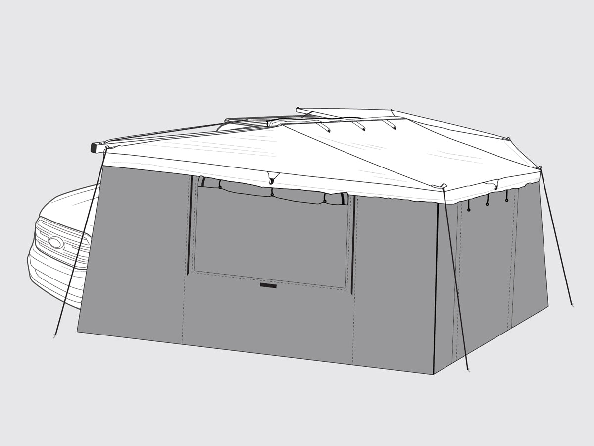 Auvent auto-portant 270° avec parois batwing côté gauche de la marque RHINO-RACK, pour véhicule tout-terrain.
