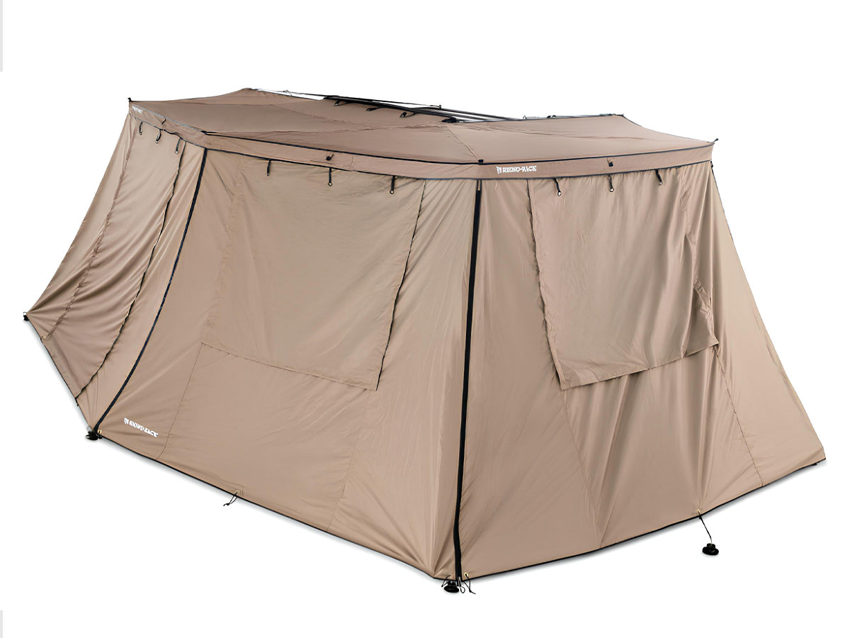 Auvent auto-portant RHINO-RACK 270° avec parois batwing côté gauche, pour véhicule tout-terrain.