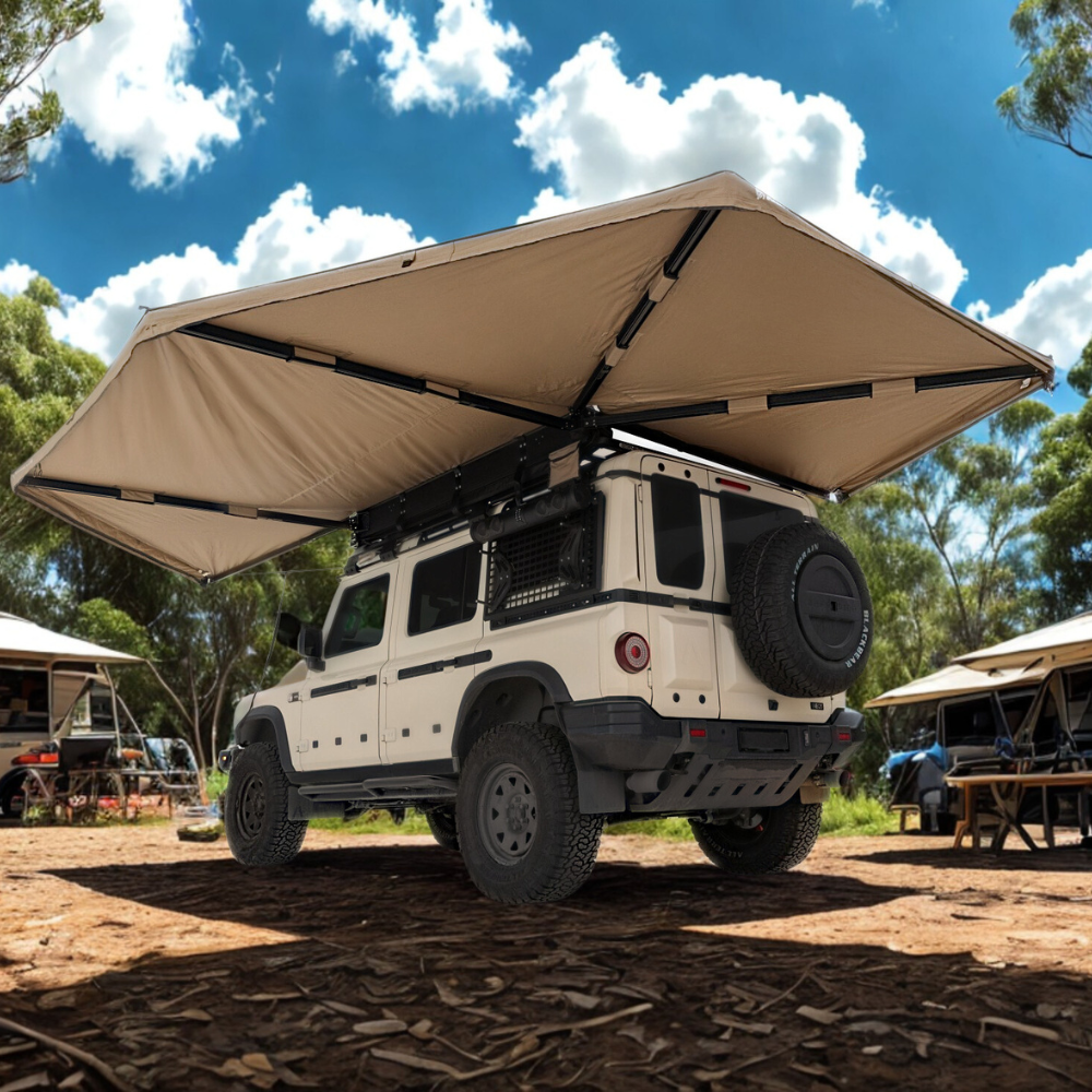 Auvent auto-portant 270° avec parois batwing côté gauche de RHINO-RACK, pour véhicule tout-terrain, installation facile.