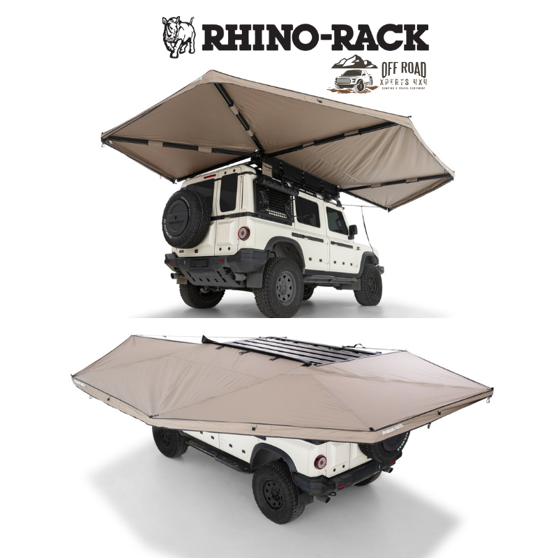 Auvent auto-portant 270° avec parois Batwing côté gauche de la marque RHINO-RACK, pour camping et voyage en voiture.