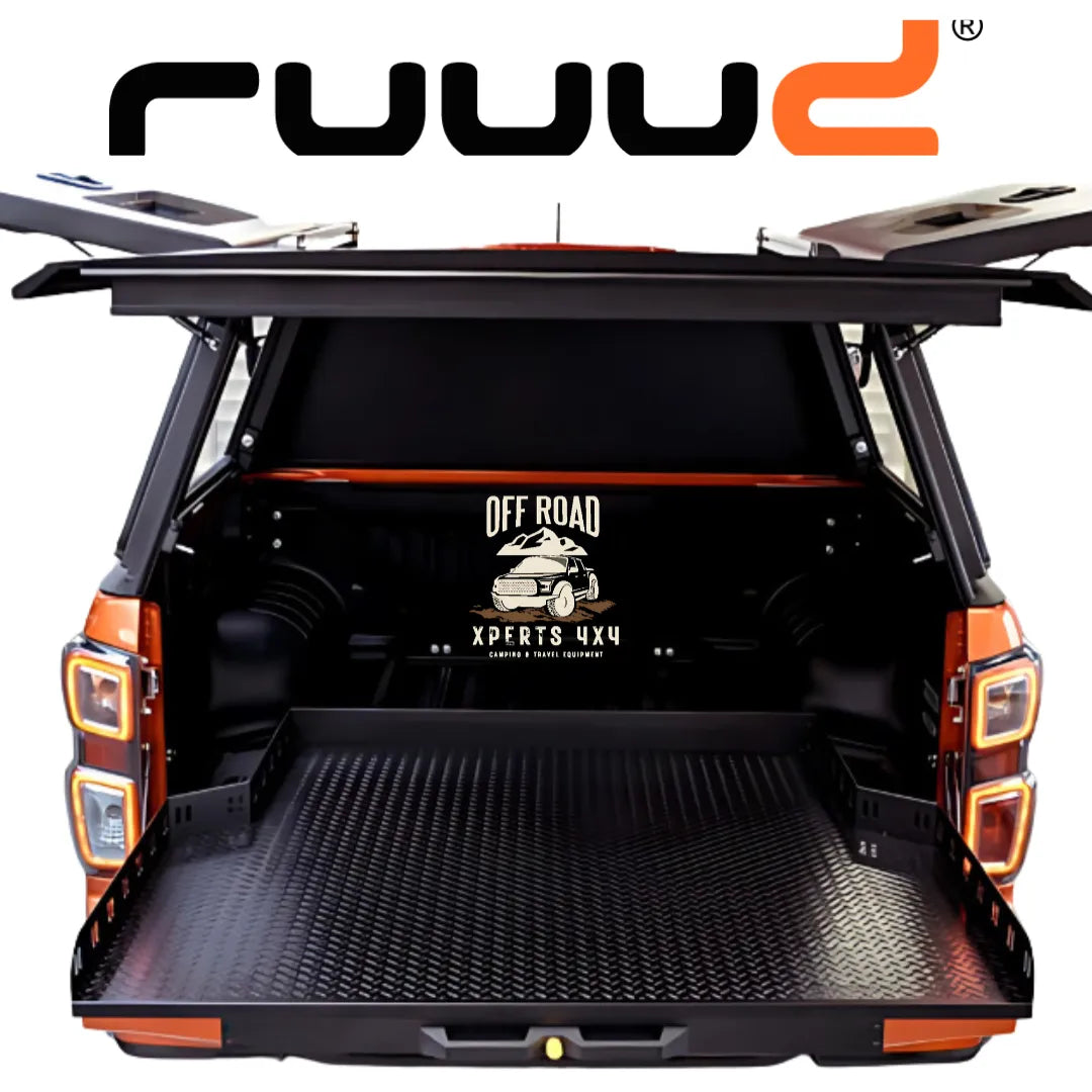 Plateau coulissant RUUUD pour Isuzu D-Max 2020+ Space-Cab, installation sans perçage, vue du plateau en position ouverte.