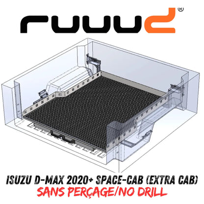 Plateau coulissant RUUUD pour Isuzu D-Max 2020+ Space-Cab, installation sans perçage, vue du plateau et de la fixation.