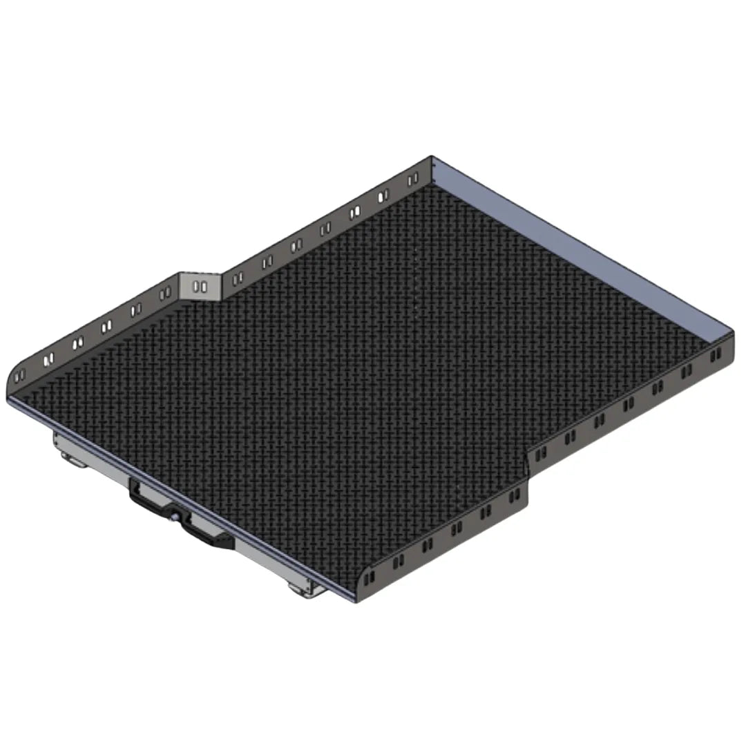 Plateau coulissant RUUUD pour Maxus T90/T60 double cab 2022, surface en métal robuste avec rails latéraux visibles.