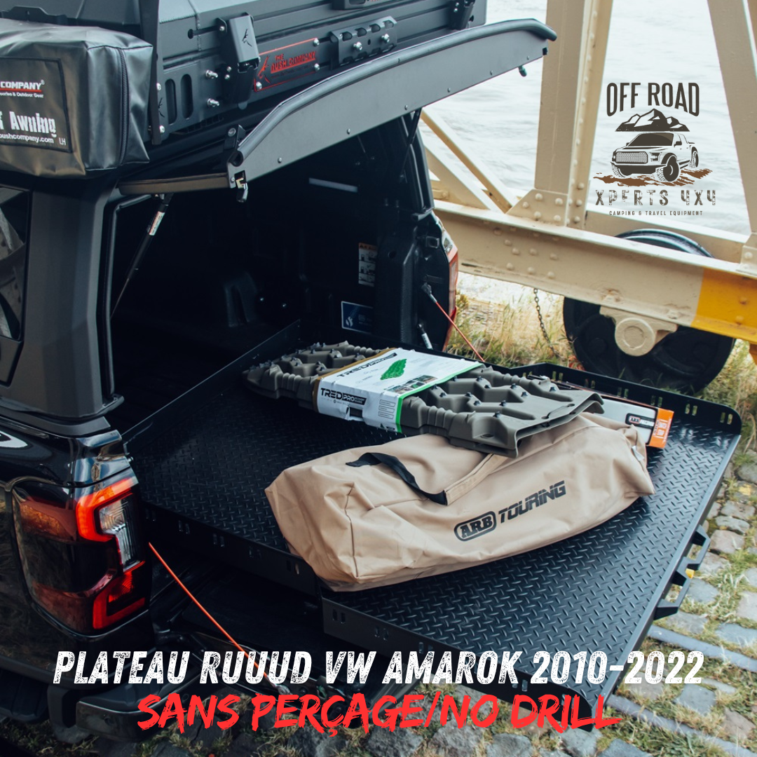 Plateau coulissant RUUUD pour VW Amarok 2010-2022 double cabine, surface en acier robuste avec rails latéraux.