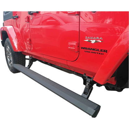 Marche-pieds électriques T-MAX pour Jeep JK 2007-2018, Powerboard, vue du marche-pied latéral avec logo T-MAX.