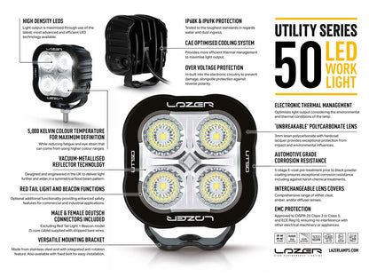 Lampe de travail LED LAZER LAMPS Utility-50 avec balise et feu arrière rouge, éclairage de sécurité pour véhicules.