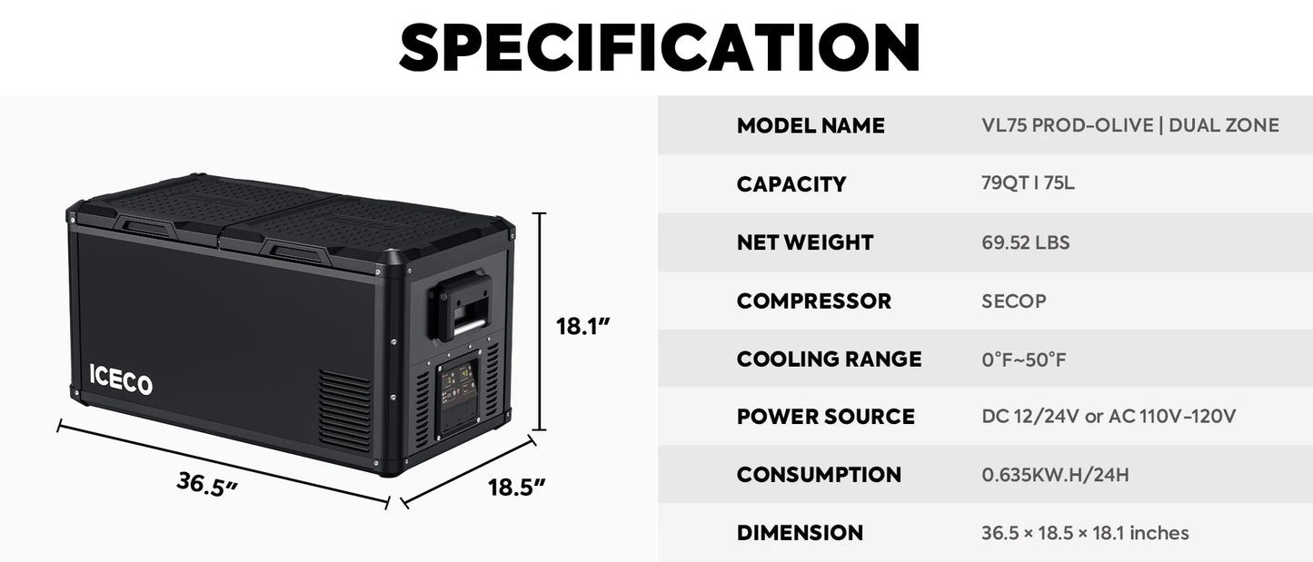 Refrigerateur/Congelateur ICECO 75L Double Compartiments - Noir sur Xperts4x4 Accessoires 4x4 Off-Road